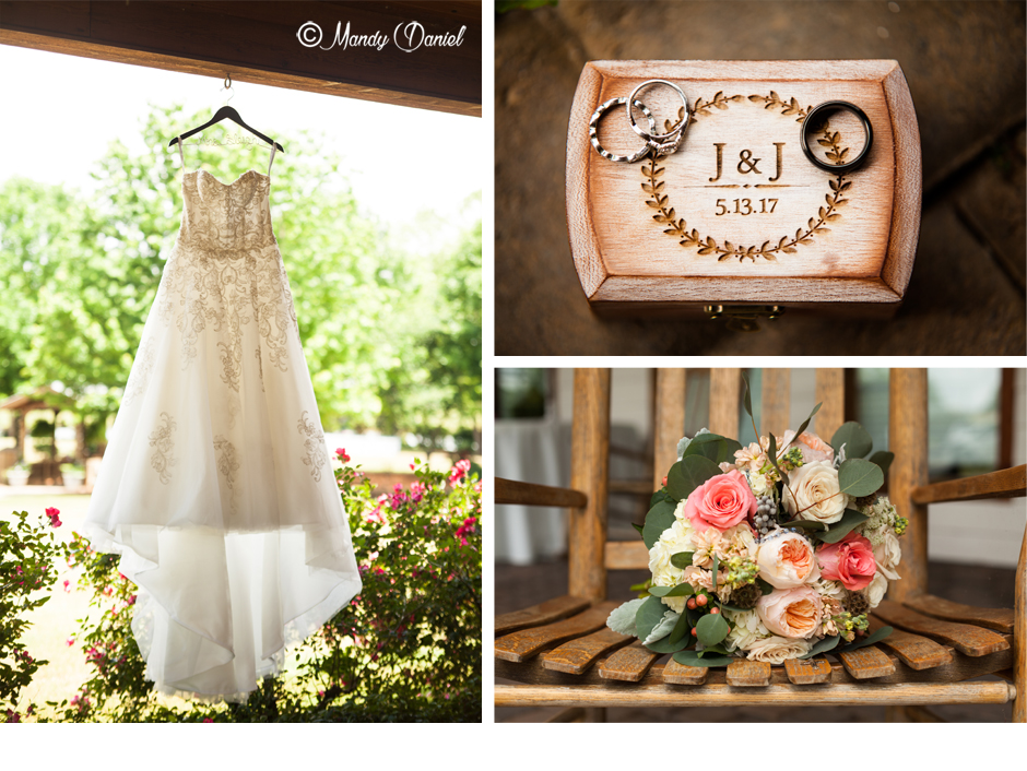 Wedding dress, wooden ring box, spring bridal bouquet of flowers